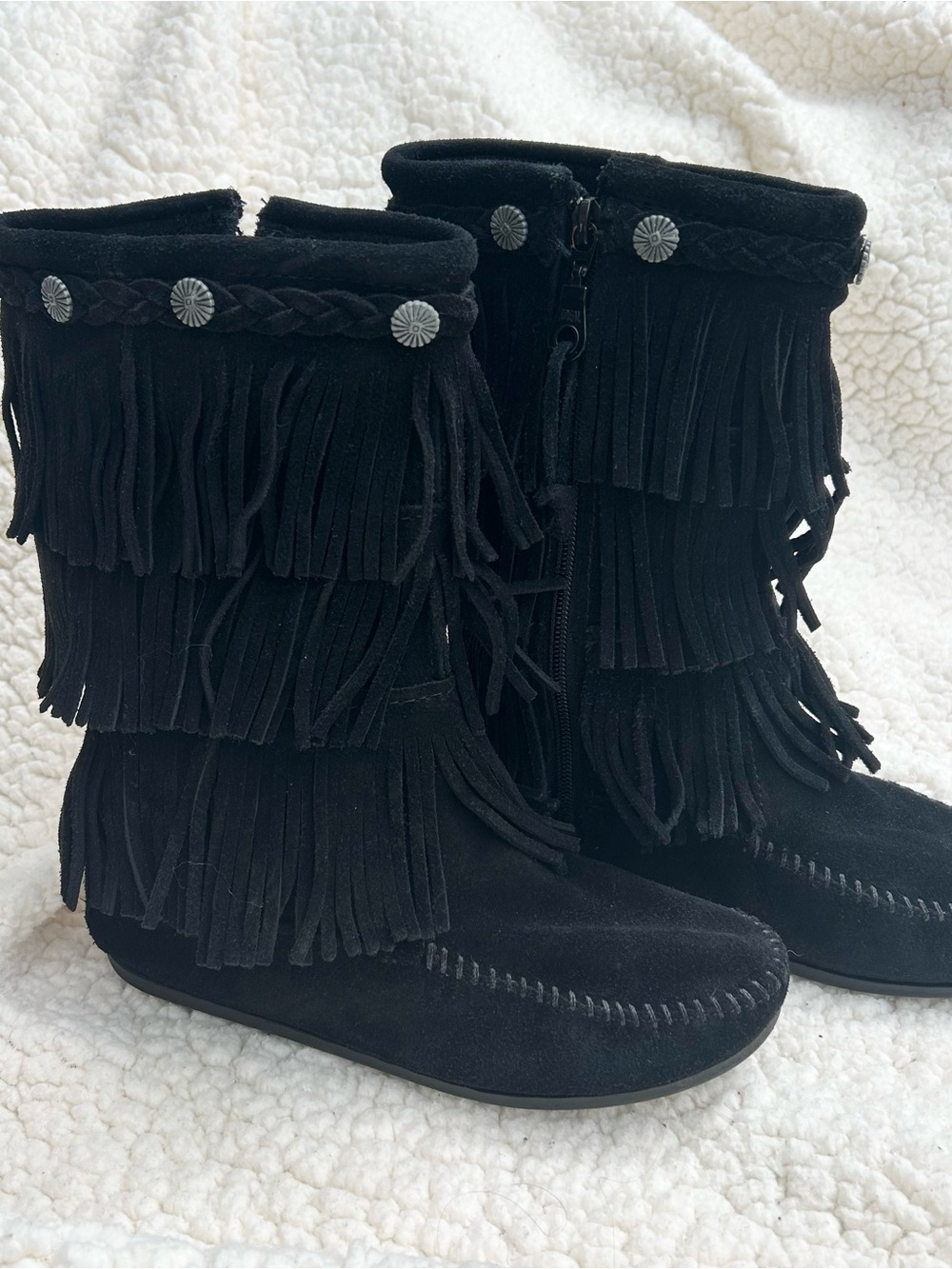 Girl’s Minnetonka Triple Fringe Black Boots